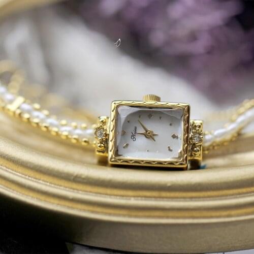 Japanese pearl chain square bracelet watch small gold watch Mini Bass Fritillaria Leather Watch