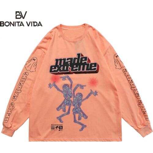 Bonita Vida Streetwear Hip Hop Dance Skeleton Skulls Punk Rock Gothic Tshirts Hipster Harajuku Casual Long Sleeve Tops