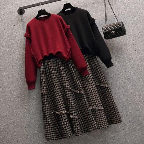 Vintage Wool Pleated Plaid Skirt High Waist Long Skirt O-Neck Sweater 2021 Winter New Women Party Skirt Street Suit 2-Piece Set