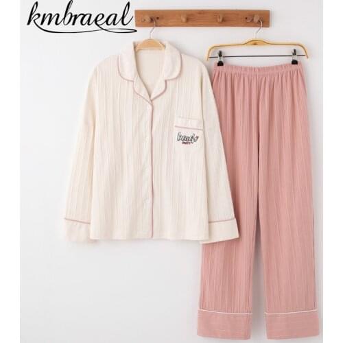 Female The Spring and Autumn Women Pajama of Cotton Long Sleeve Sleepwear Cute Household To Take The Summer Winter Two Dresses