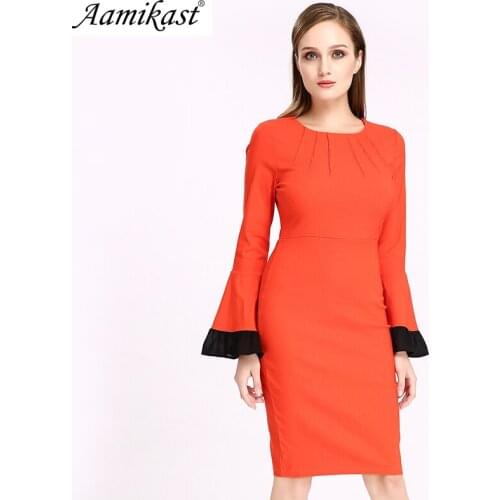 Women Dress 2021 New Autumn Winter Flare Sleeve Casual Work Business Office Party Fitted Bodycon Pencil Sheath Slim