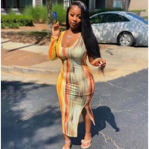 2021 Autumn New Womens Fashion Tie Dye Printed Split Long Sleeve Dress