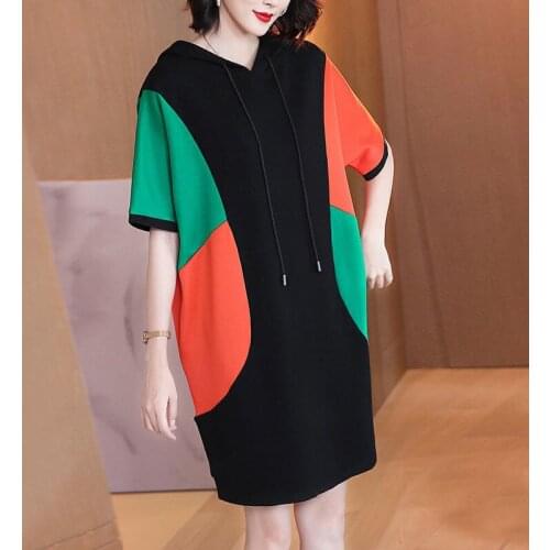 Summer Plus size 5XL 6XL Hooded Women Dress 2021 Fashion Casual Short-sleeve Stitching Dress Pocket Loose Casual Lady Clothing