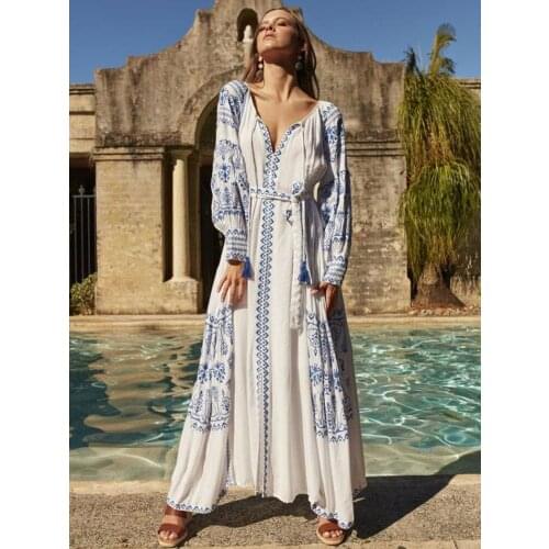 Summer new style of retro ethnic travel holiday embroidered long dress Bohemian beach island dress V neck loose oversize dress