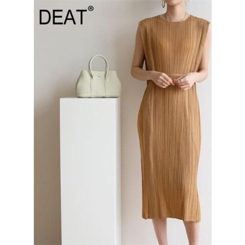 DEAT Frilly Dress Woman Sleeveless Round Collar Lacing Straight Solid Thin Ruffled Casual Style 2021 New Summer Fashion XQ377