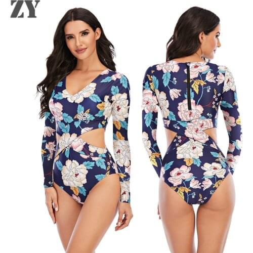 ZY Women One Piece Print Floral Long Sleeve Swimsuit Swimwear Monokini Printed Bathing Surfing Bodysuit Swim Wear Beach Female