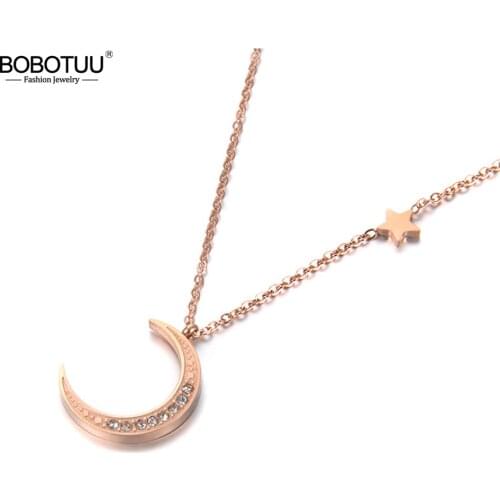 BOBOTUU Fashion Jewelry Star & Moon Pendant Rhinestones Inlaid Rose Gold Pendant Necklace For Women Chirstmas Gift BN18239