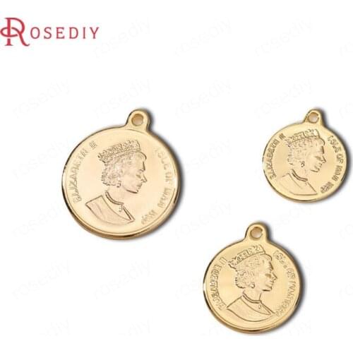 F171)4 pieces 13*15mm 15*18mm 18*21mm 25x29mm 24K Gold Color Brass Queen of England Coin Charms Pendants Findings Accessories