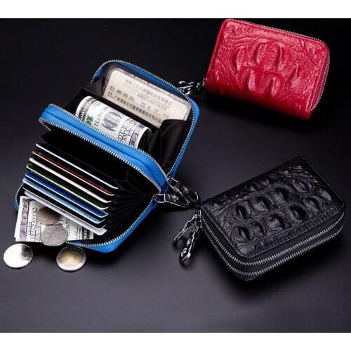 New Men Double Zipper Card Holder Purse Genuine Leather Women Card Bag Wallet Small Coin Purse Mini Crocodile Credit Card Holder