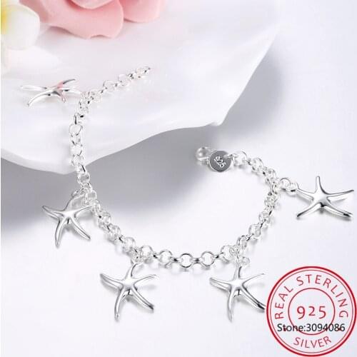 LEKANI 925 Sterling Silver Five Starfish Pendant Bracelet For Woman Charm Wedding Engagement Fashion Party Jewelry