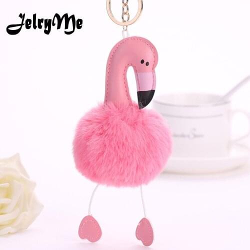 Kawaii Cartoon Flamingo Keychain Pendants Pompon Keyring For Women Girls Bag Fluffy Faux Fur Ball Key Chain Ring Pom Pom Jewelry