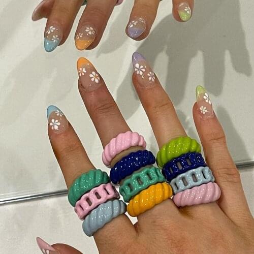 Dvacaman 2021 Trendy Summer Colorful Geometric Chain Metal Rings Candy Color Irregular Dripping oil Open Rings for Women Jewelry