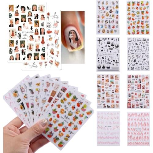 New Hot 3D Women Face Abstract Leave Design Nail Stickers Sliders Paper Manicure Decals Sliders Paper Nail Art Decoration