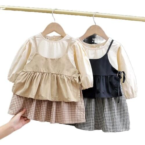 Girls' autumn clothes new fashionable Korean style plaid stitching dress female baby autumn suit kids dresses for girls