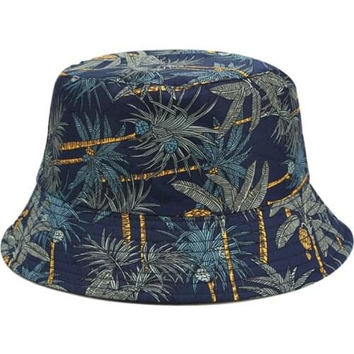 Men Women Summer Reversible Bucket Hat Tropical Palm Tree Leaves Print Hip Hop Wide Brim Sunscreen Round Flat Top Fisherman Cap