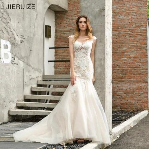 JIERUIZE Luxury Lace Appliques Mermaid Wedding Dresses Cap Sleeves Wedding Gowns Sheer Back Bride Dresses robe de mariee