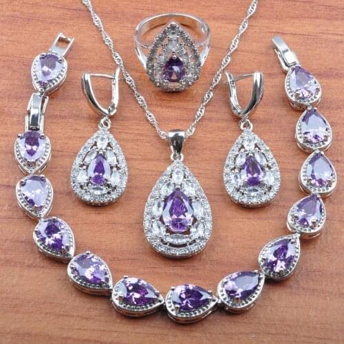 Christmas Gifts Natural Purple Crystal Silver Color Dubai Jewelry Set For Women Earrings Necklace Pendant Rings Bracelet JS335