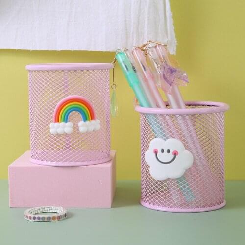 Pink Simple Pen Holder Office Storage Box Cosmetic Square Pencil Metal Pen Holder Stationery Box Office Supplies Storage Box