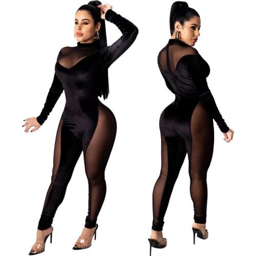 Sexy Mesh Bodysuit Women Patchwork See-through Jumpsuit 2020 New Fall Winter Clothing One Piece Outfit Women Club Outfits Black