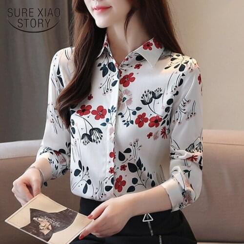 2021 Elegant Korean Printing Floral Shirt Chiffon Long Sleeve Square Collar Causal Blouse Shirt Loose Long Shirt Female 9032 50