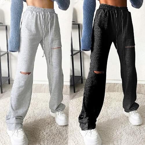 Womens Pants Casual Solid Axles Loose High Waist Drawstring Waistband Ripped Trousers Pants