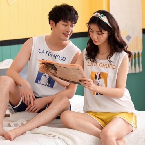 Women and men couple pajamas summer new vest cotton cartoon thin ladies sleeveless shorts casual pajama sets pajamas pajama set
