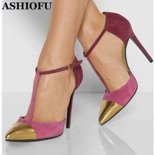 ASHIOFU Handmade Ladies High Heel Pumps T-strap Ballet-toe Office Party Shoes Daily Wear Dating Fashion Court Shoes