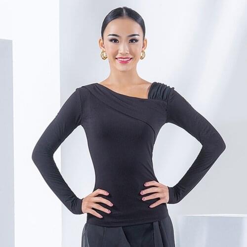 Latin Dance Practice Clothe Women Black Tops Long Sleeves Mesh Ballroom Shirt Female Tango Performance Dancing Costume DNV14517