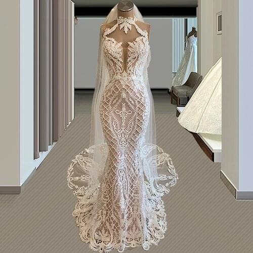 Real Pics Robe De Mariee Mermaid Wedding Dress With Veils 2021 3D Floral Lace Plus Size Bridal Gown Dubai Arabic Formal Gown