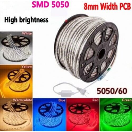 100m/Lot 220V-240V 8mm PCB SMD 5050 RGB led strip rope light High bright waterproof outdoor+ power plug/rgb control