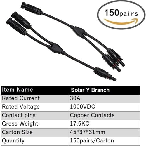 150 pairs / Carton 2 IN 1 PV Connector Y Branch Type Connector Male to Female PV Parallel Connector DIY Solar Kits System