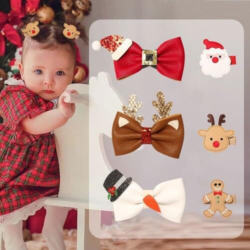 36pc/lot Christmas Hair Clips Christmas Decoration Hairpins Antlers Deer Hair Clip For Girls Kids Faux Leather Bows Barrettes