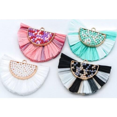 4pcs Fan Beaded Raffia Tassel For Earring Keychain Cellphone Straps Jewelry Summer DIY Pendant Charms Finding (FB-017)