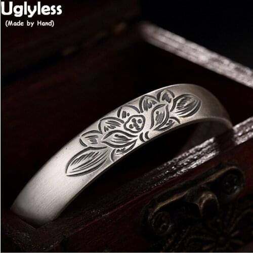 Uglyless Solid 99.9% Full Silver Thai Silver Lotus Bangles for Women Wide Adjustable Open Bangles Heart Sutra Buddhism Bracelets