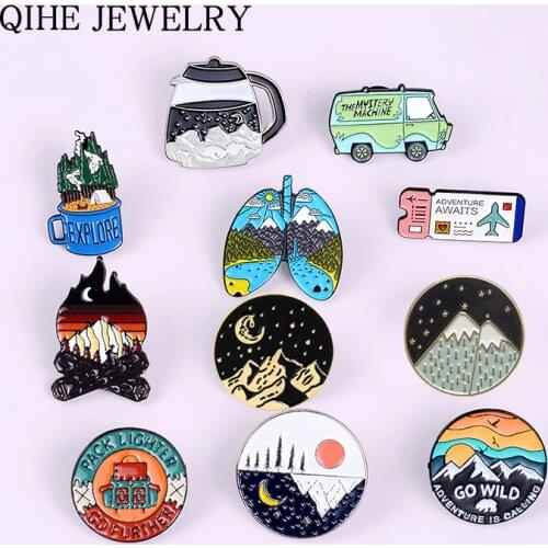 Outdoors Adventure Enamel Pins Wild Hiking Travel Brooches Collection Bus Mountain Camping Firewood Explore Nature Badges