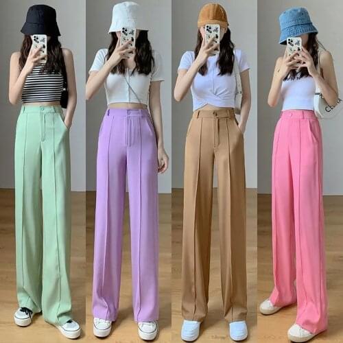 Women Summer Fashion Office Wear Side Pockets Straight Pants Vintage High Waist Ice Silk Zipper Fly Female Trousers Lady