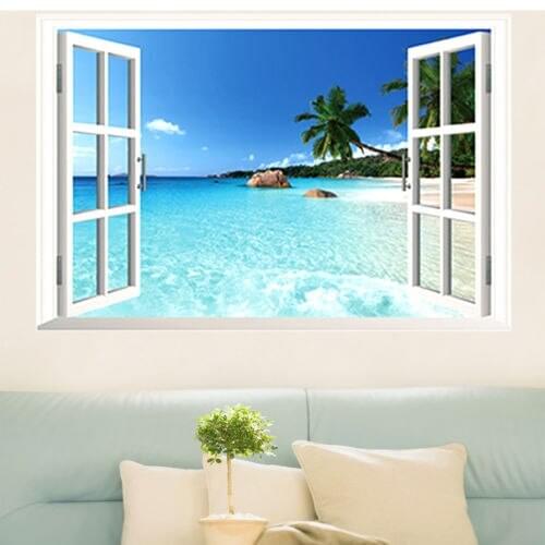 Household Room Huge Removable Beach Sea 3D Window Scenery Wall Sticker Decoration Creative Design
