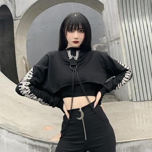 Gothic Chain Reflective Hoodies Women Aesthetic Grunge Winter Hoody Dark Halloween Print Crop Top Hooded