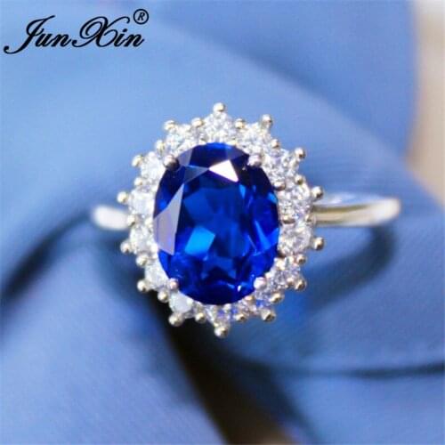 White Gold Filled Rings For Women Oval Royal Blue Zircon Stone Ring Wedding Bands Bride Engagement Ring Promise Jewelry