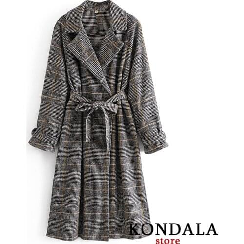 KONDALA Womens Jackets Za Office Lady Plaid Print Sashes Loose Long Jackets Female Winter Thick Tweed Jacket Mujer Coats