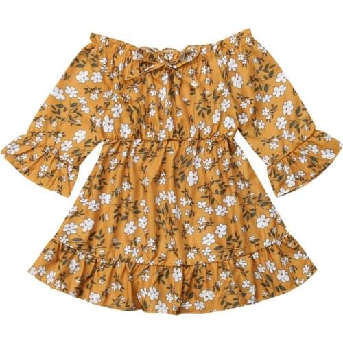 Summer Beach Flower Dress Kid Baby Girls Off Shoulder Cotton Ruffles Sleeve Floral Dress Toddler Princess Party Sweet Dresses