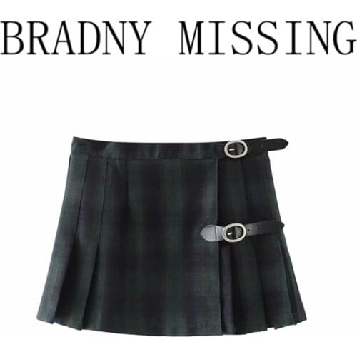 Sweet Girls England Style High Waist Mini Skirt 2021 Fashion Ladies All-match Women Plaid Leather Button Pleated Skirts