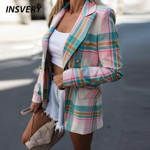 Fashion Womens Jacket Long Sleeve Turn Down Collar Button Plaid Print Coat Women Elegant Pocket Office Ladies Outerwear Tops