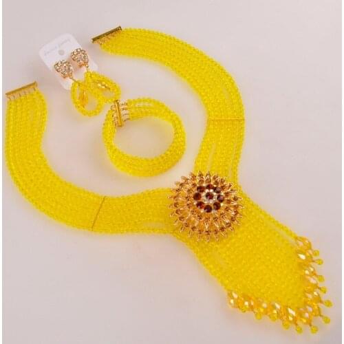Fashion Crystal Beaded Necklace Yellow African Beads Jewelry Set for Women