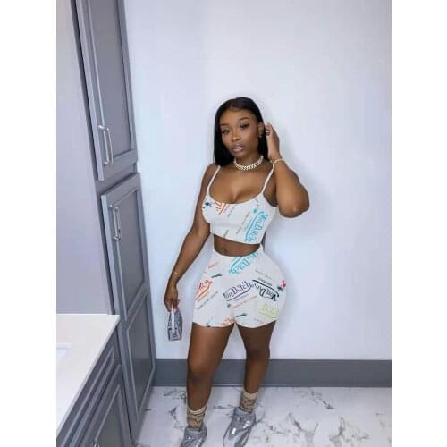 Fashion sexy womens summer letters printed camisole shorts two-piece suit