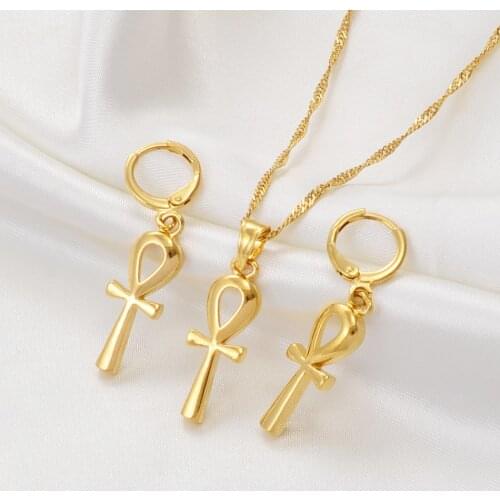 Anniyo Wholesale Ankh Pendant Necklaces Earrings Gold Egyptian Cross Jewelry Sets Women Egypt Hieroglyphs,Crux Ansata #054902