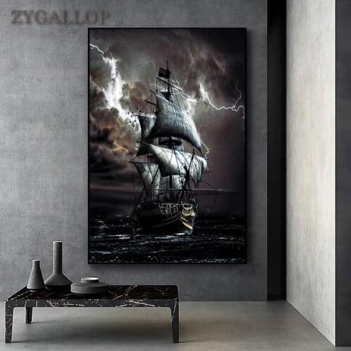 Pirate Ship At Sea Canvas Painting Black Sailboat Vintage Posters and Prints Vessel Wall Pictures for Living Room Decor Quadro