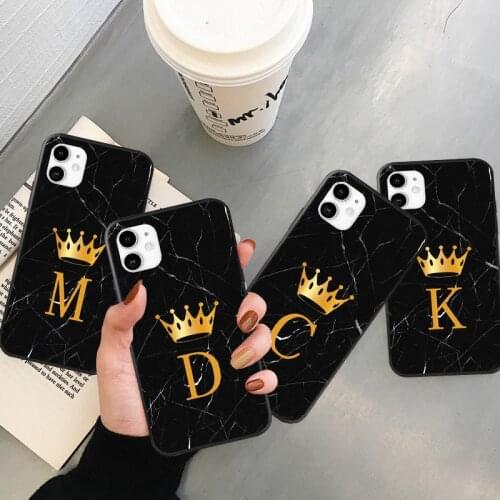 Custom queen Phone Case For iphone 12 11 Pro Max Letter Monogram Black Marble Gold crown Cover For iPhone X XR XS MAX 6 7 8Pus