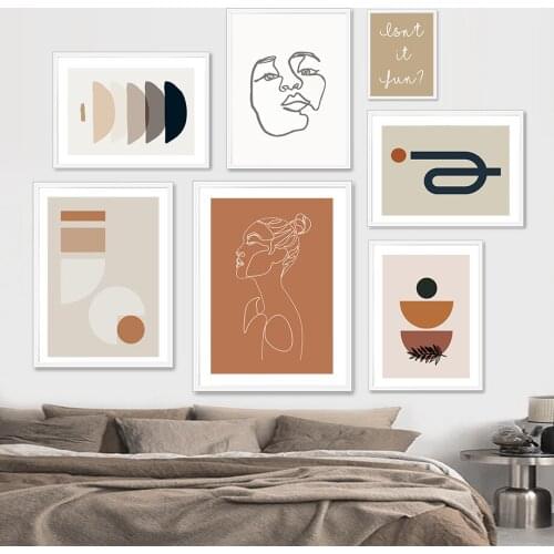 Boho Wall Art Canvas Painting Abstract Leaf Line Girl Face Geometric Nordic Posters And Prints Decor Pictures For Living Room