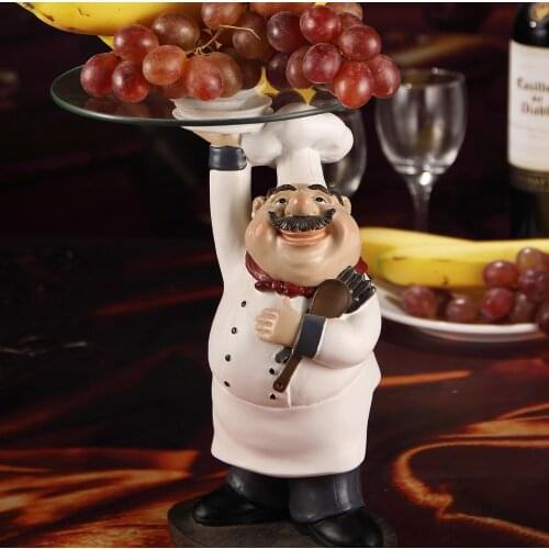 Cook Statue Dinner Plate Decor Resin and Glass Chef Figurine Serving Tray Tableware Ornament Craft for Fruits, Cakes and Snacks